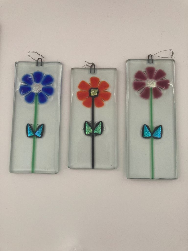 Set of 3 Fused Glass Art Flower Wall Hanging 