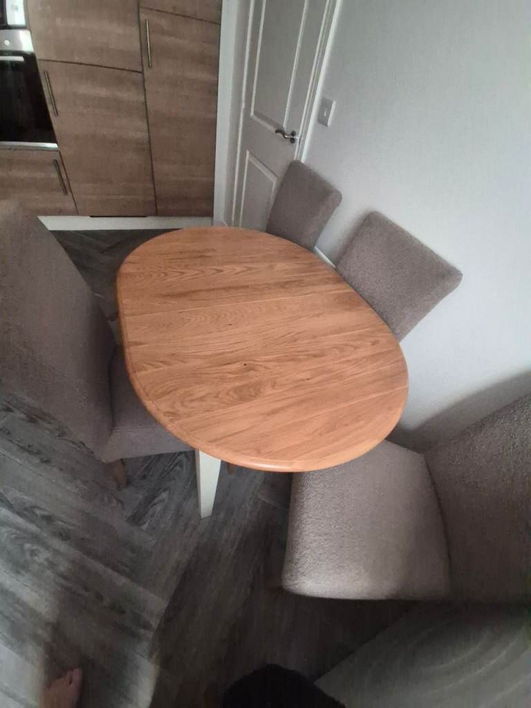 Oak Dining Table with 4 Grey Fabric Chairs