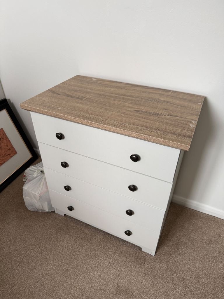 Chest of drawers, white with brown top (4 drawers)