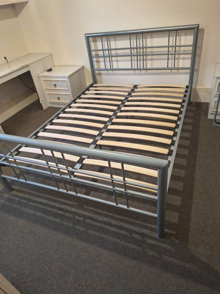 Grey Metal Double Bed Frame with Slats – Good Condition