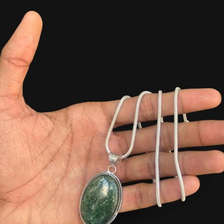 Green Jade Pendant with metal chain