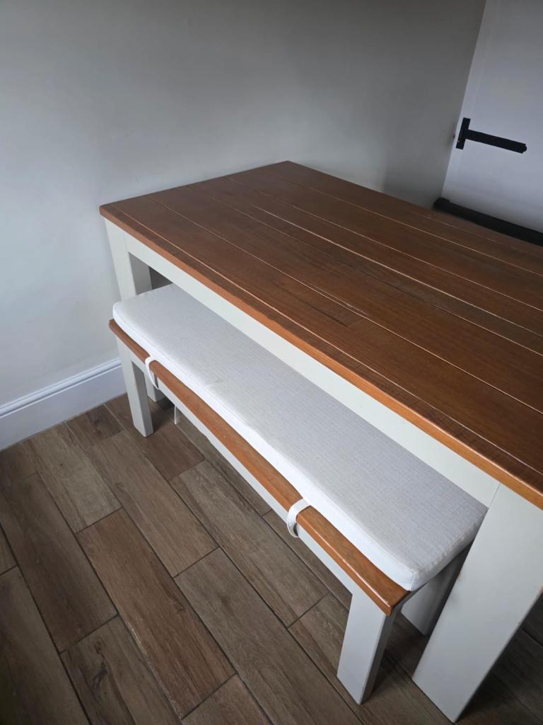 Wooden dinning table, 2 x benches with Seat cushions 