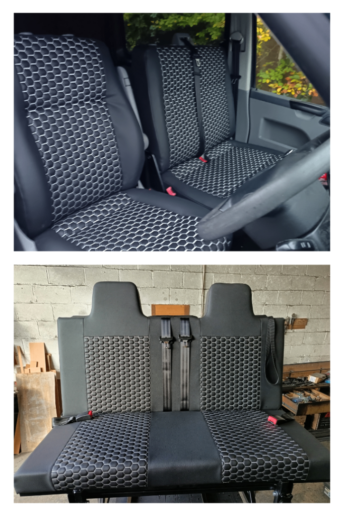 Upholstered Volkswagen Transporter front seats and rock and roll bed. Delivery available.