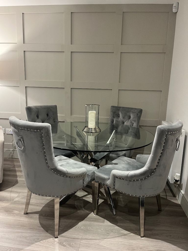 image for Glass round dining table with 4 x grey velvet dining chairs  