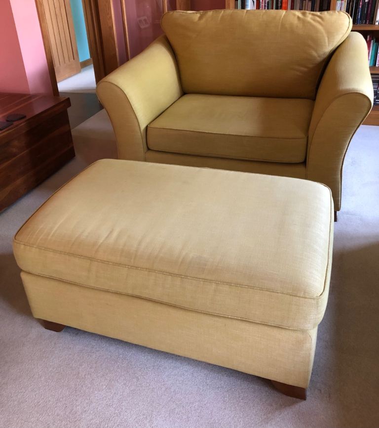 Comfortable Yellow Armchair and Footstool – Good Condition