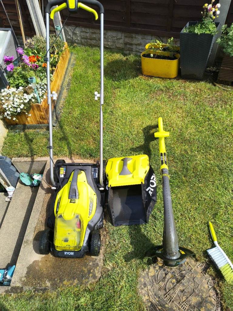 Ryobi One Cordless Lawn Mower and strimmer with battery and charger