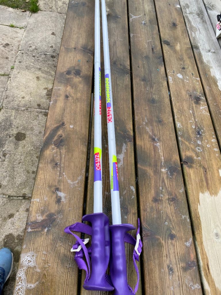 Skis, bindings, poles, boots and carry bags