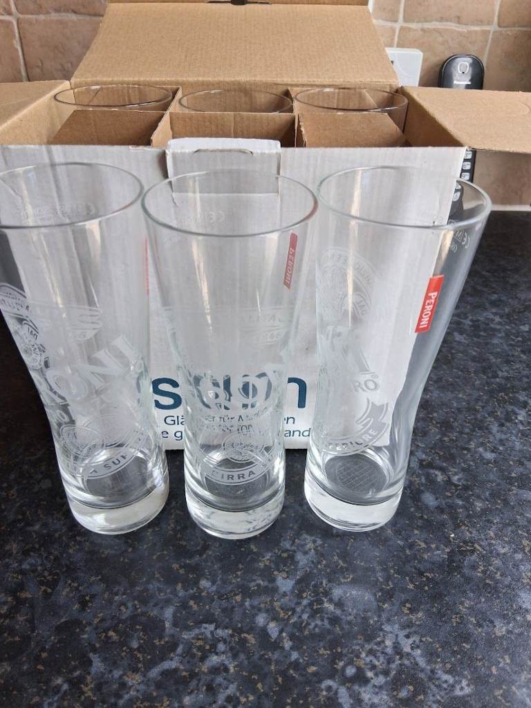 6 Peroni 1/2 Pint Glasses New in Box