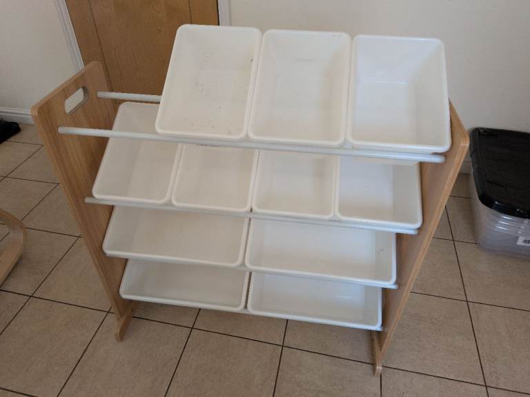 Wooden toy storage organiser with bins
