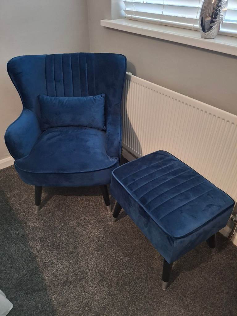 Blue Velvet Armchair and Footstool Set – As Good As New