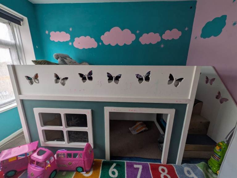 Kids Bunk Bed with Stairs – White and Blue, Good Condition