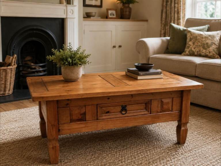 Solid Pine Rustic Coffee Table with Drawer – Excellent Condition