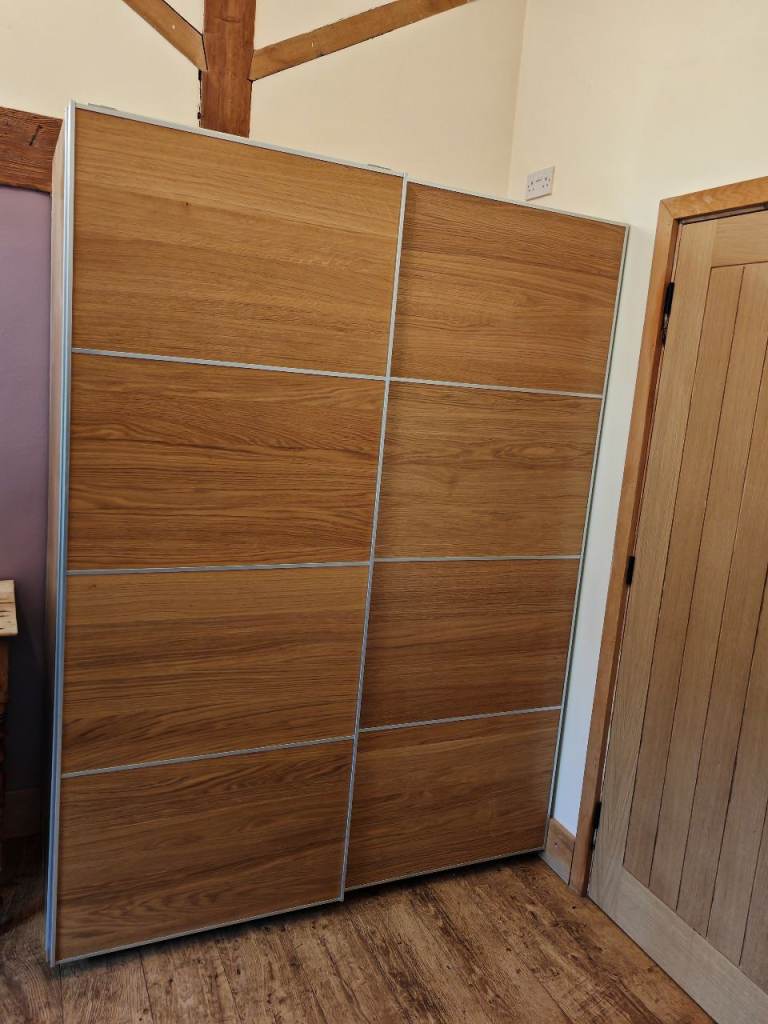 IKEA PAX Oak Sliding Door Wardrobe, 4 shelves & wire drawers, 2 hanging rails FREE DELIVERY 035