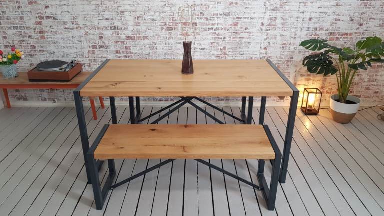 Limited Edition Rustic Oak Industrial Dining Set Table & Benches Anthracite Grey