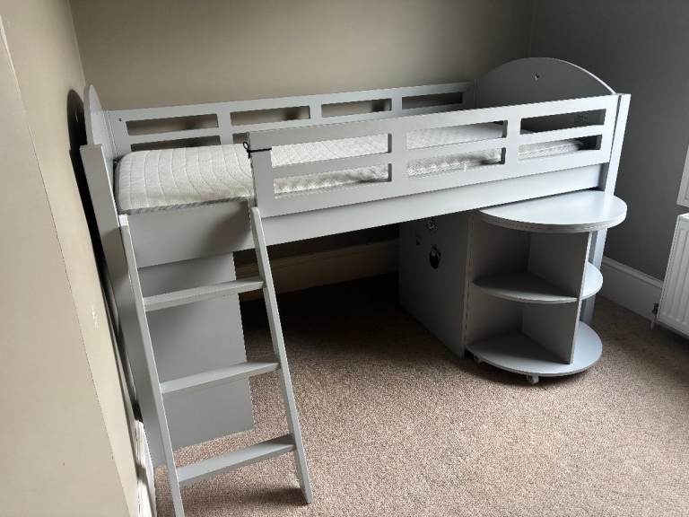 Feather and Black Grey High Sleeper Bed with Desk and Shelves