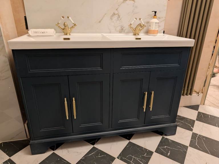 Stylish Double Sink Bathroom Vanity Unit - Navy Blue, Excellent Condition