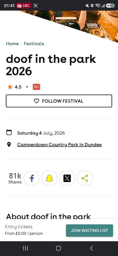 Doof in the park ticket Saturday x1