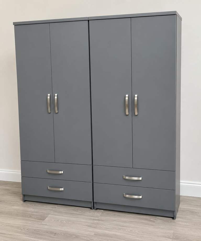 Pair of Grey Double Wardrobes with Drawers – Excellent Condition