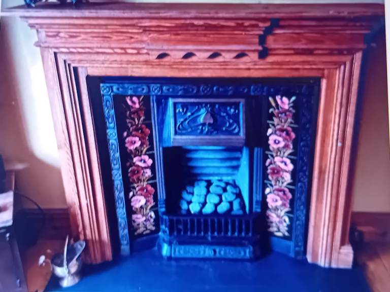Beautiful Art Nouveau Tiled Cast Iron Fireplace, Fire Surround, Fret, Ash Pan Cover and Hearth