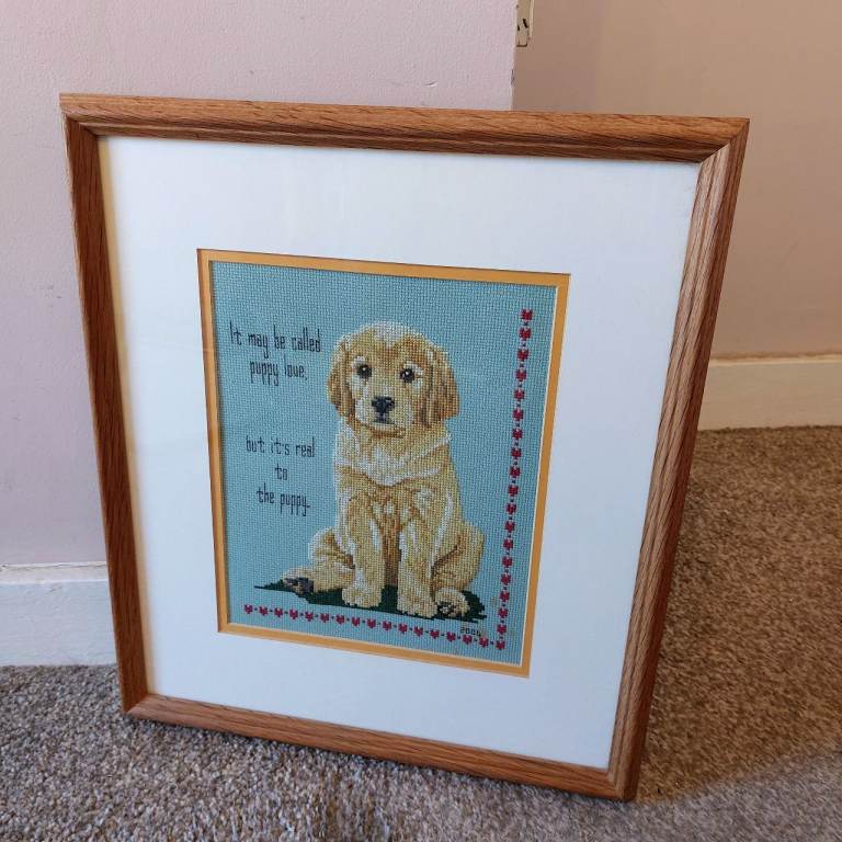 Framed Cross Stitch Puppy Love Picture 