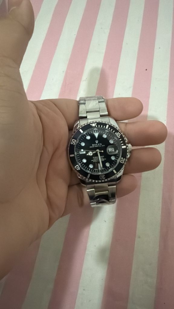 Men's Silver Tone Watch - Black Dial, Good Condition