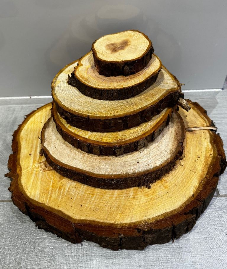 Log slices rustic wedding decorations cake stands real wood