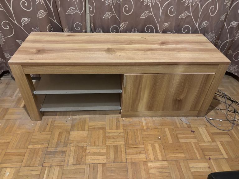 Wooden TV Stand with Glass Shelves and Cupboard