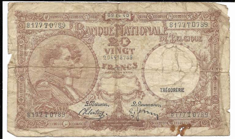 Belgium Banque National 20 Vingt Francs 1940 Banknote