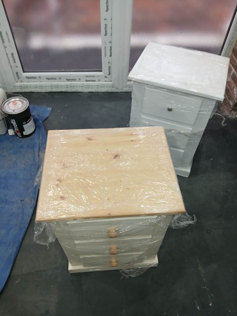 Pair of White Wooden Bedside Tables with Pine Tops