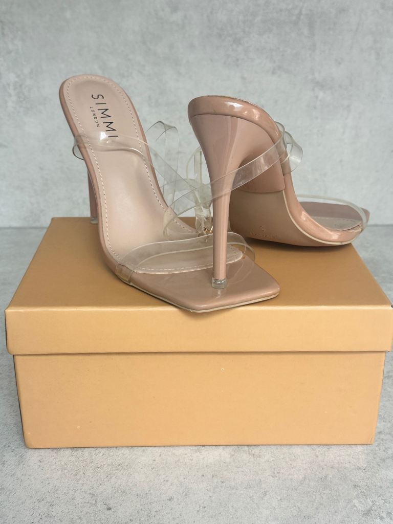 Simmi London nude patent heeled sandals with clear heel