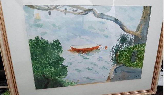Art - Original signed Watercolour Painting boat on a river. Frame size is 47cm x 38 cm