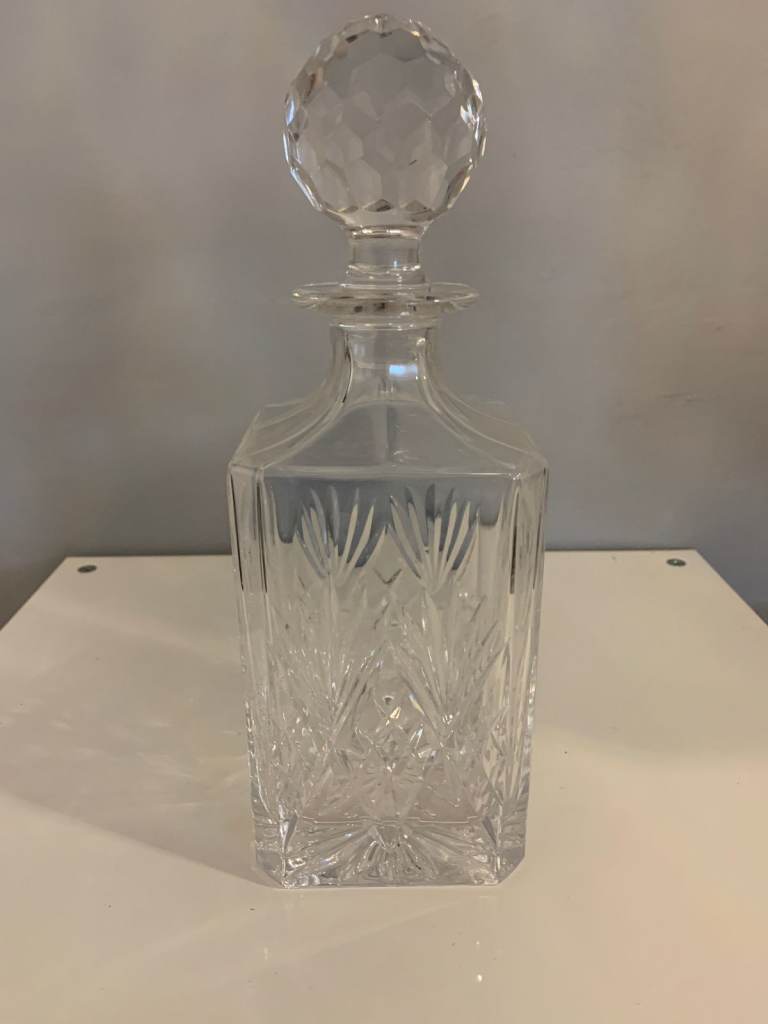 Vintage Cut Lead Crystal Ship's Decanter With Stopper Heavy Diamond Cut Glass