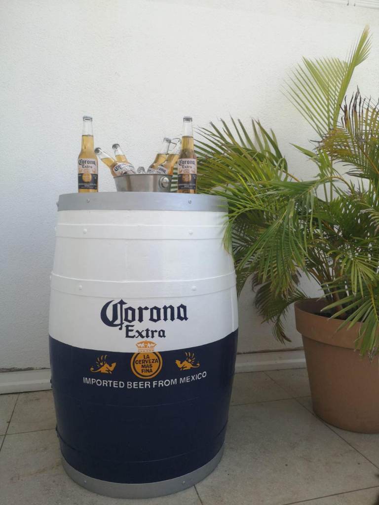 OAK WHISKEY BARREL HAND PAINTED WITH LOGO 40 GALLON #C REAR DOORS SHELF WHEELS LIGHTS ICE BUCKET