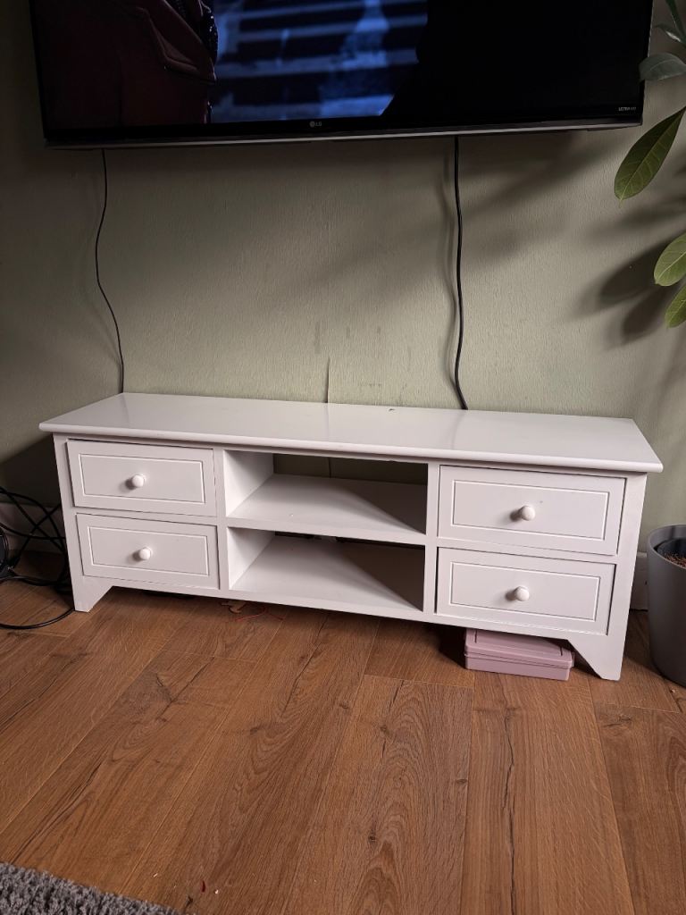 White Wooden TV Unit with Drawers – Good Condition
