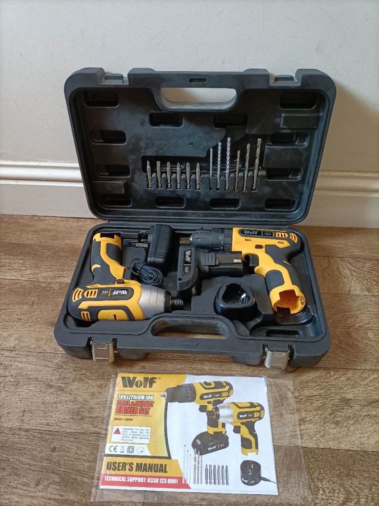 Wolf 18V Lithium Ion Drill & Impact Driver Set - Good Condition