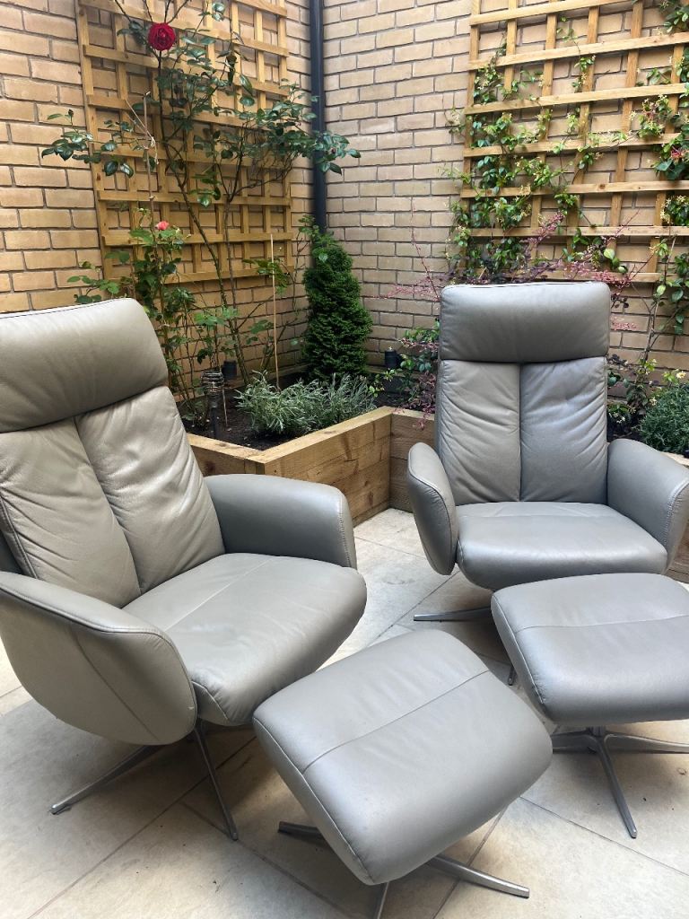 Pair of Grey Leather Swivel Chairs with Footstools – Good Condition
