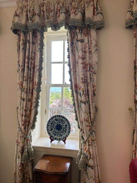 Pair of Floral Curtains with Pelmet and Tie-Backs – Good Condition