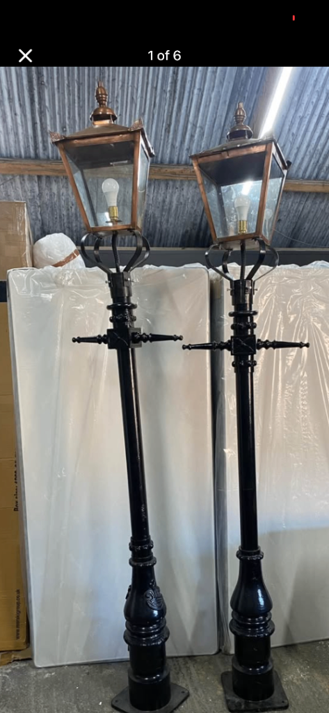 Pair of Traditional Black Cast Iron & Copper Garden Lamp Posts