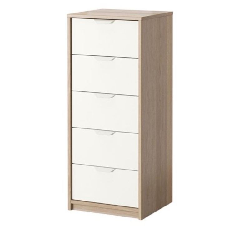 Oak Effect Chest of 5 Drawers with White Fronts