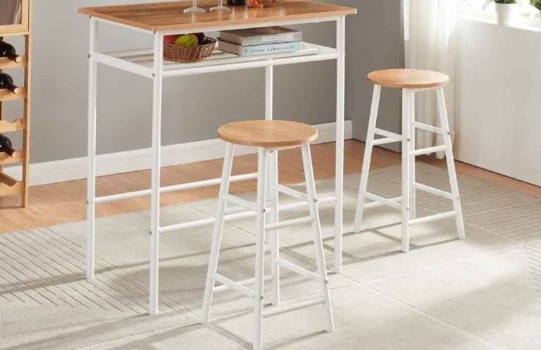 3Pcs Dining Set, Industrial Counter Height Dining Table With Metal Legs 