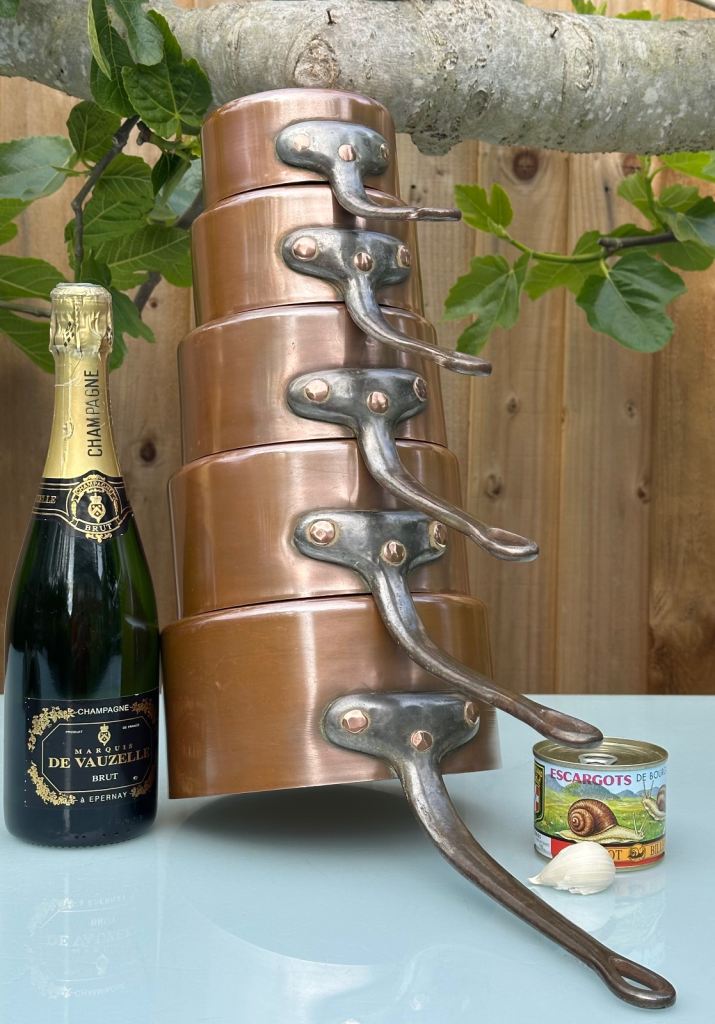 VINTAGE FRENCH COPPER PAN SET OF FIVE CHOCOLATIER SAUCEPANS, UNLINED - 20-12cm diameter - WILL POST!