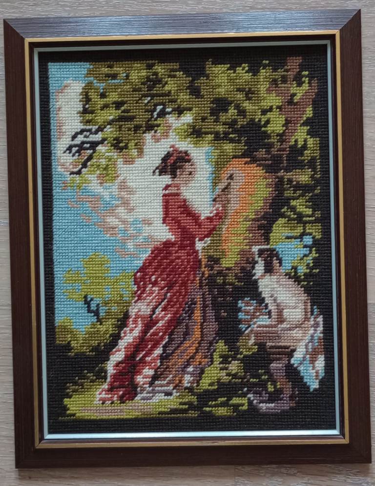 Needlepoint Framed Victorian woman and dog Vintage Tapestry Complete