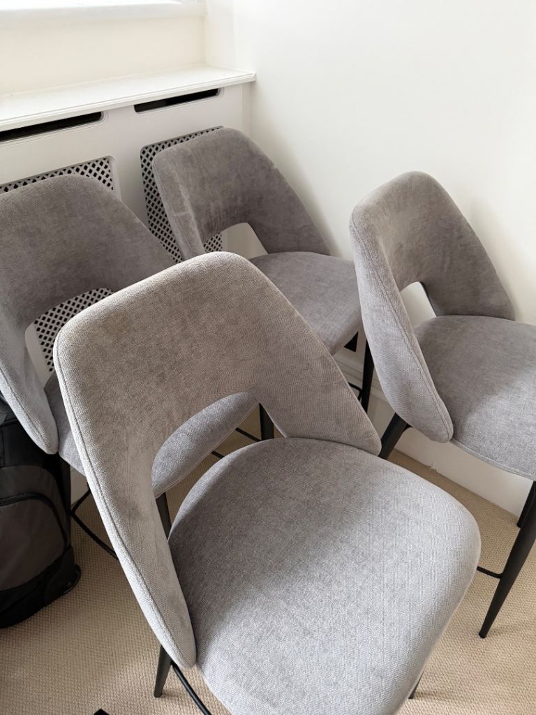 Set of 4 Grey Fabric Dining Chairs – Good Condition