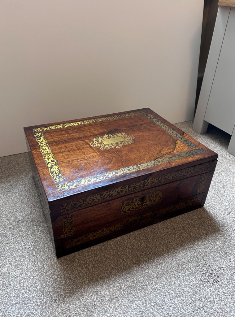 Antique Wooden Box with Brass Inlay – Fair Condition