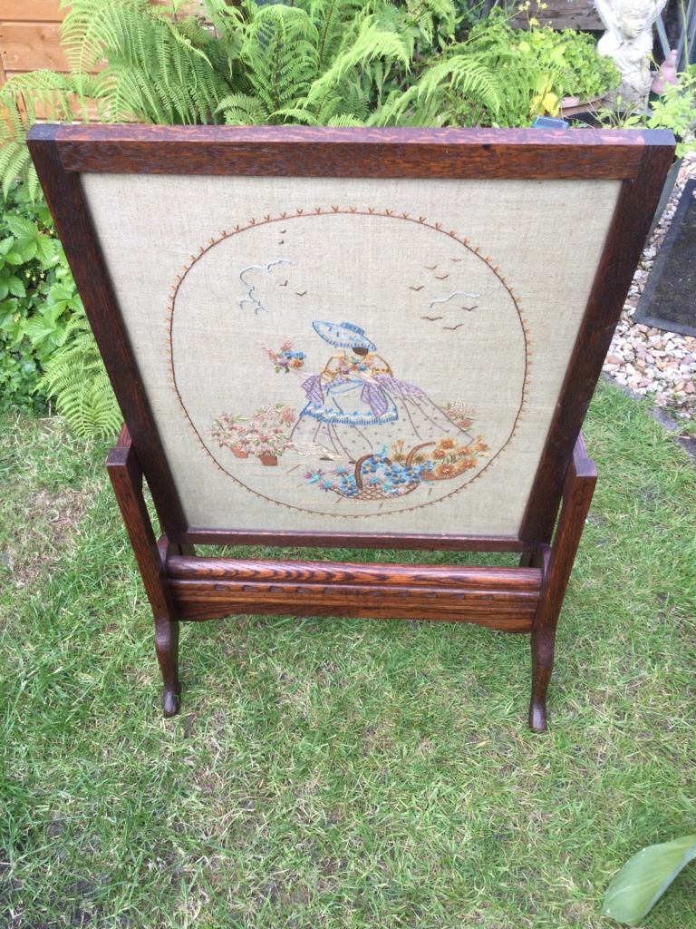 Vintage oak Fire screen with embroidered lady in garden