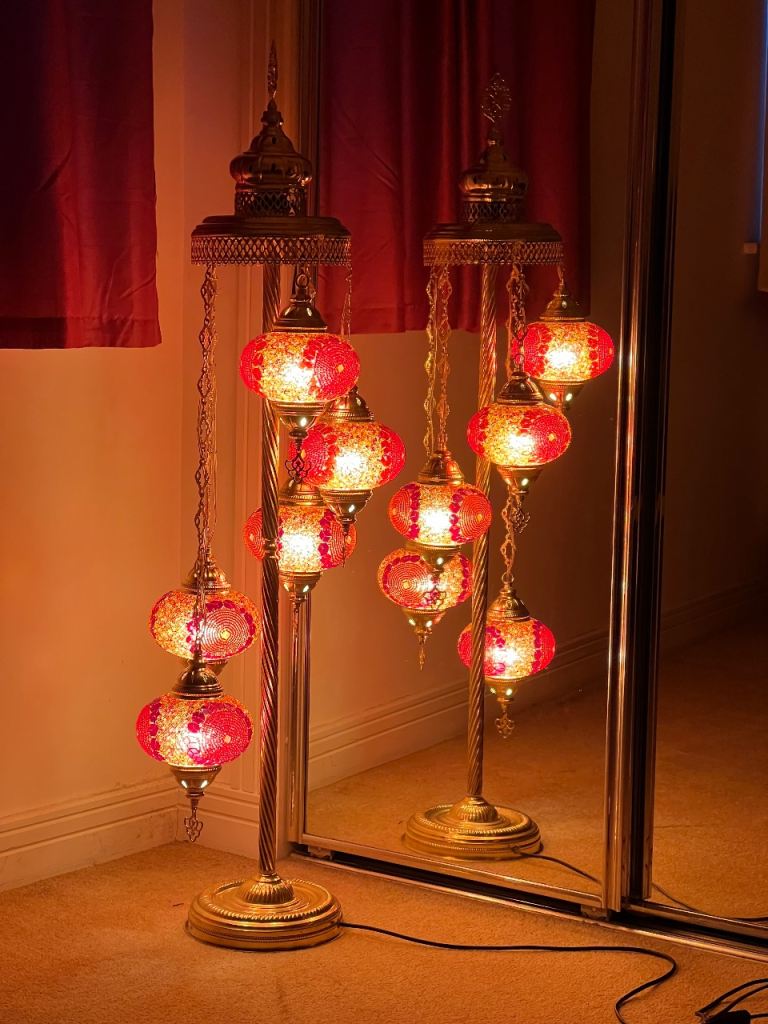 Turkish Red Mosaic Floor Lamp with 5 Globes – Working Perfectly