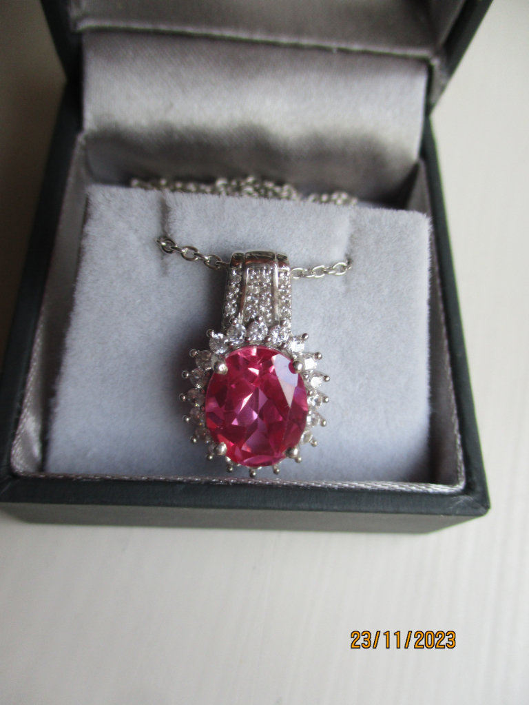 Lab created pink sapphire and natural Zircon Halo pendant and 20 inch chain