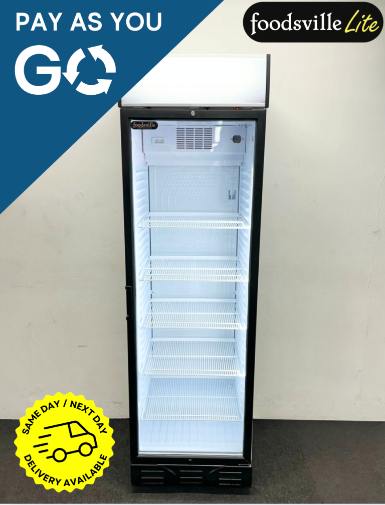 PAY AS YOU GO: New Foodsville Lite 595mm Slimline Upright 5 Shelf Glass Fronted Display Fridge