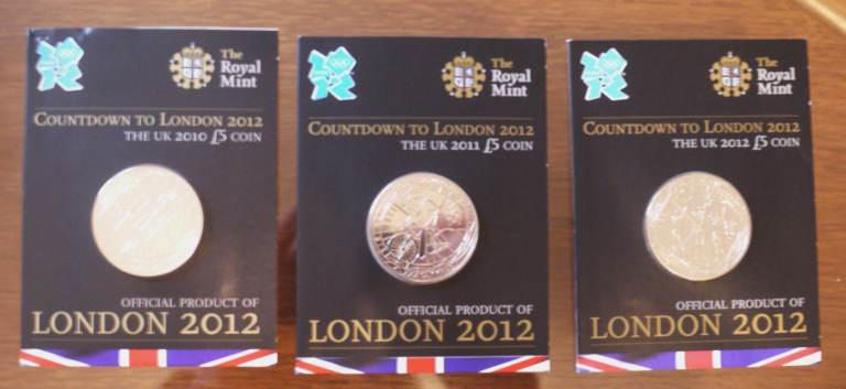 £5 coins 'Countdown to London 2012' in Royal Mint sealed packs £7 each, see description 