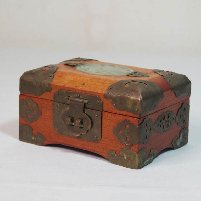 Small Vintage Chinese Jewellery Box Casket with Brass Fittings and Carved Insert